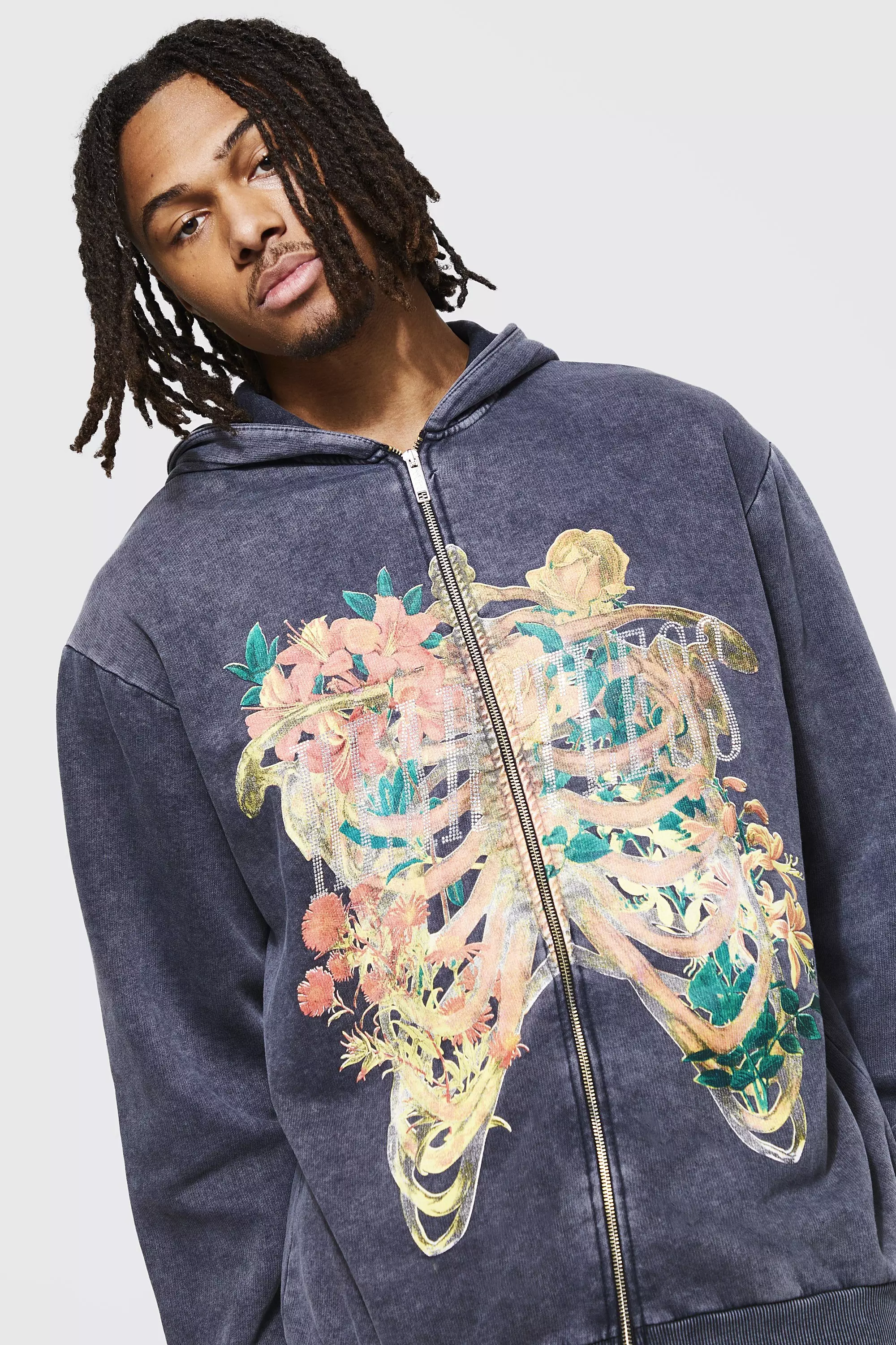 Oversized Acid Wash Ribcage Zip Hoodie | boohooMAN USA